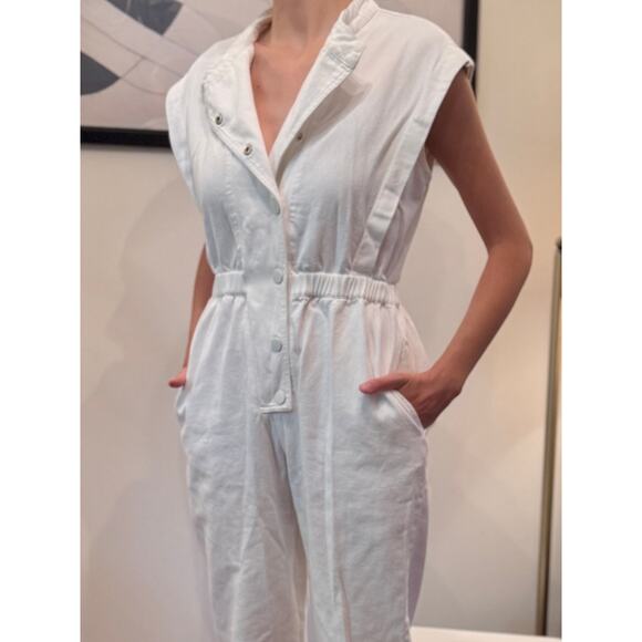 En Saison White Denim Asymmetrical Anthropologie Utility Cropped Jumpsuit XS - Picture 2 of 8